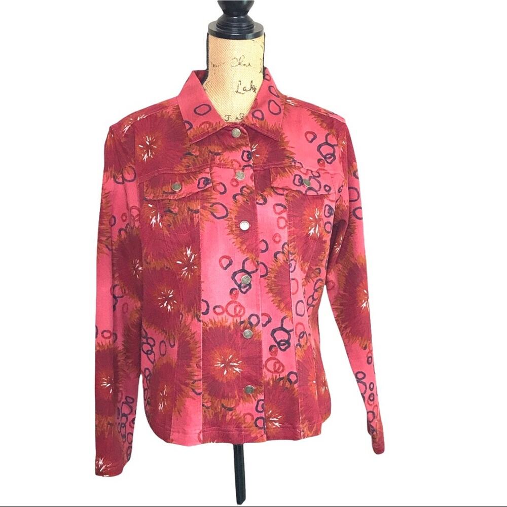 French Laundry Size Large Floral Printed Denim Jacket Pockets Fitted